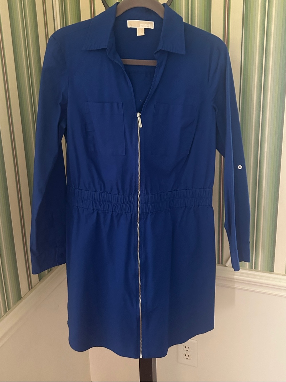 MICHAEL Michael Kors Shirt Dress Cinched Waist Blue Long-Sleeve Zip Front Sporty